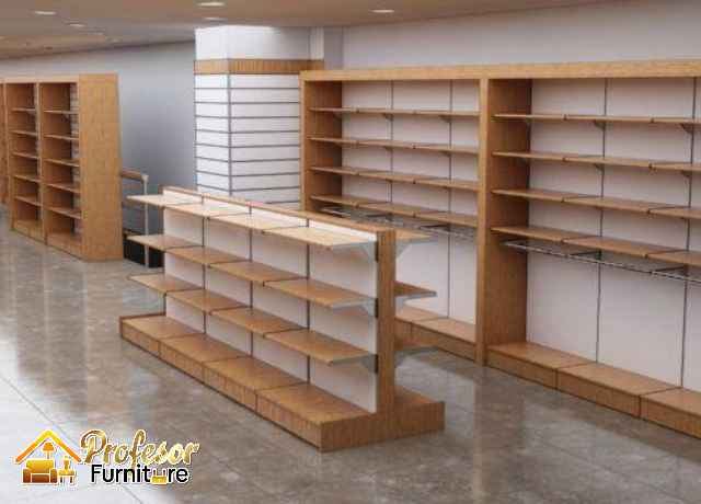 Custom rak display produk Bekasi plywood finishing HPL taco