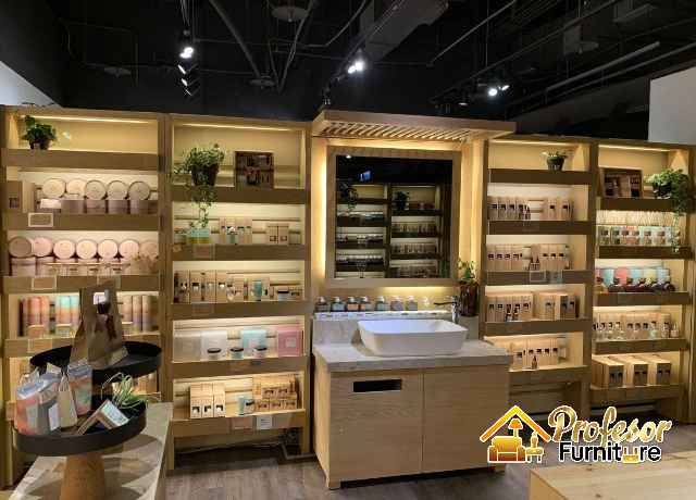 Custom rak display toko kosmetik bahan multiplek HPL