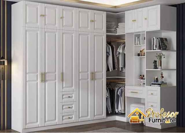Desain lemari pakaian minimalis custom sudut letter L kamar kecil Bekasi
