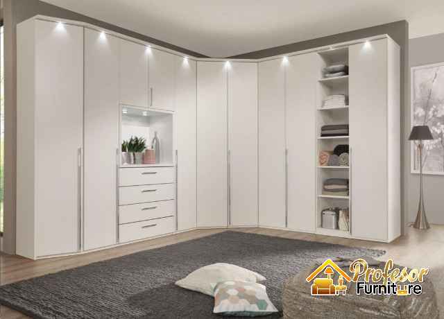 Desain lemari pakaian minimalis custom sudut letter L kamar kecil Bekasi